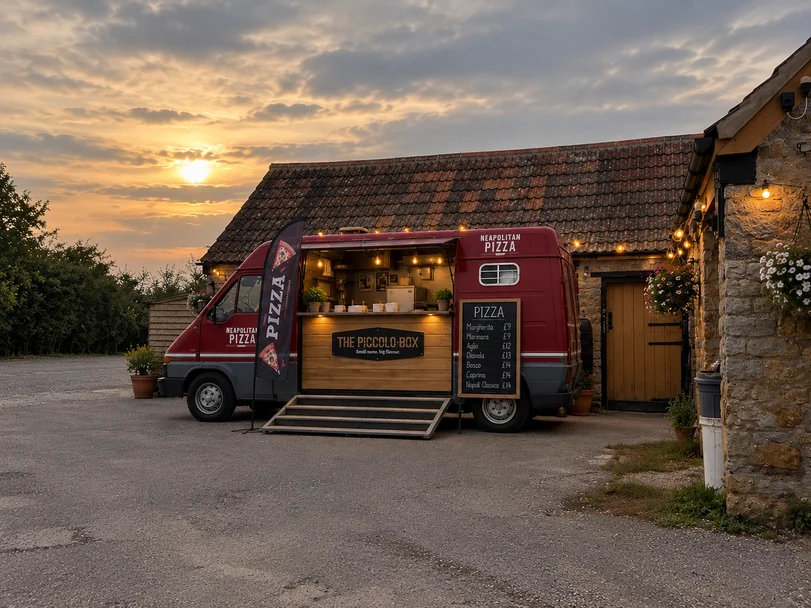 The Piccolo Box pizza van at a countryside wedding venue at sunset